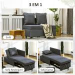 Sofá Cama 3 em 1 Sofá de 2 Lugares com Encosto Ajustável Sofá Cama Individual com Almofadas 65x98x69 cm Cinzento