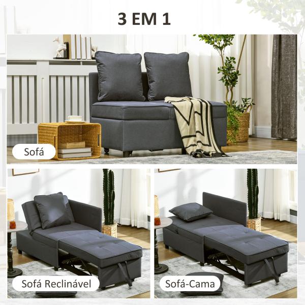 Sofá Cama 3 em 1 Sofá de 2 Lugares com Encosto Ajustável Sofá Cama Individual com Almofadas 65x98x69 cm Cinzento
