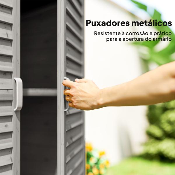 Armário de Armazenamento de Madeira para Jardim com 2 Prateleiras Interiores 2 Portas e Teto Inclinado para Exterior Terraço 87x46,5x96,5cm Cinza