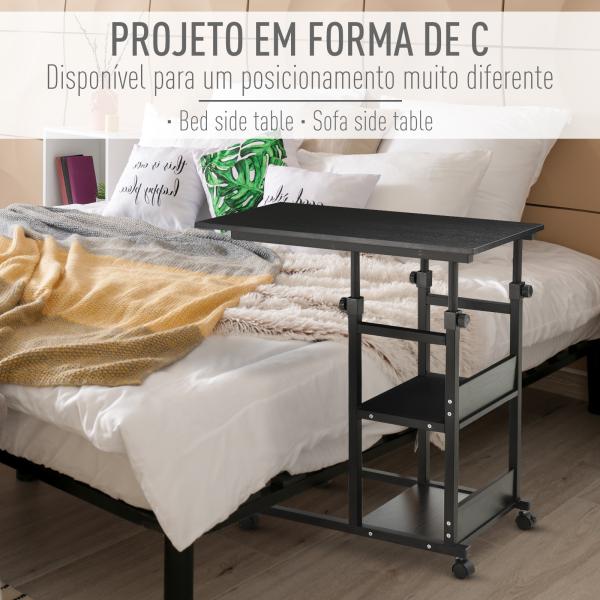 Mesa Lateral para Sofá Mesa lateral em Forma de C com 4 rodas Giratórias Freios Altura Ajustável 3 níveis Estrutura Metálica 80x40x72 - 82cm Preto
