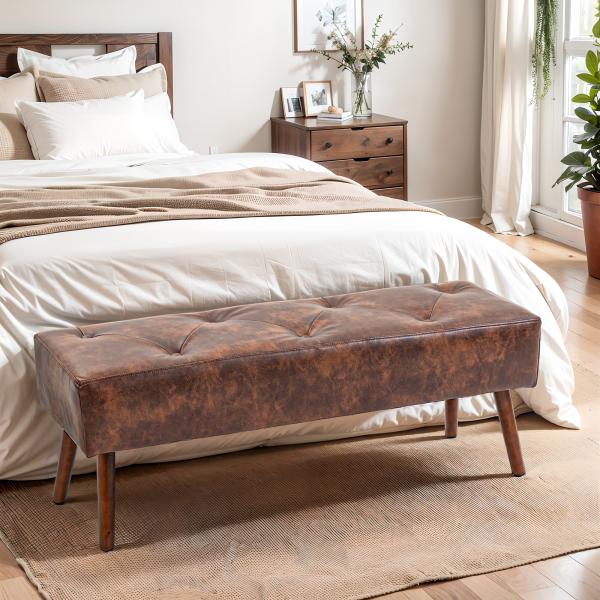 Banco de Pé de Cama Multifuncional Clássico Banco Dormitório com Pés de Madeira e Assento Acolchoado 114x38x42 cm Marrom