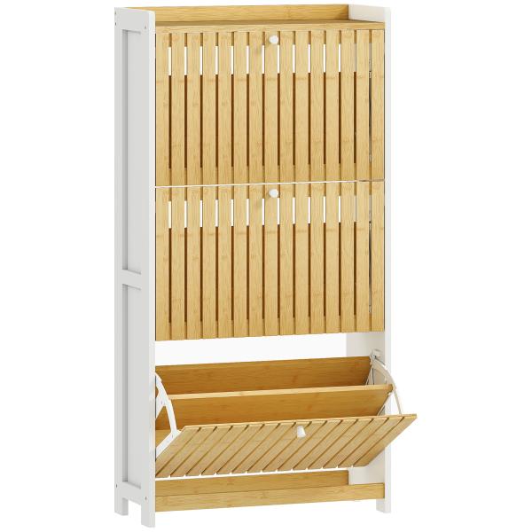 Sapateira Estreita com 3 Portas de Bambu Prateleiras Ajustáveis para 18 Pares de Sapatos 60x24x118 cm Branco e Madeira