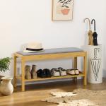 Banco Sapateira de Bambu com Assento Estofado para 3 Pares de Sapatos e Prateleira de 90x30x46 cm Madeira
