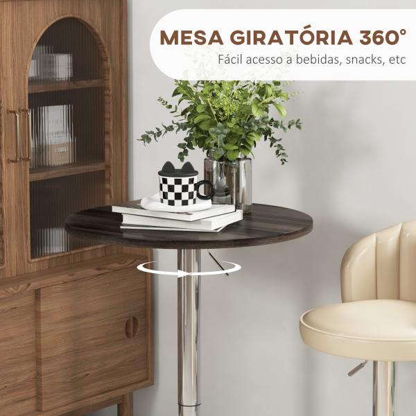 Mesa Alta Cozinha Mesa Alta Bar Redonda para 2 Pessoas Altura Ajustável Tampo Giratório 360° 60x60x91 cm Nogueira
