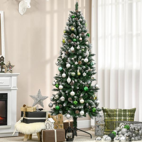 Árvore de Natal Artificial Nevada 180 cm com 508 Ramos 49 Pinhas Base Dobrável e Suporte de Aço Ø73x180 cm Verde e Branco