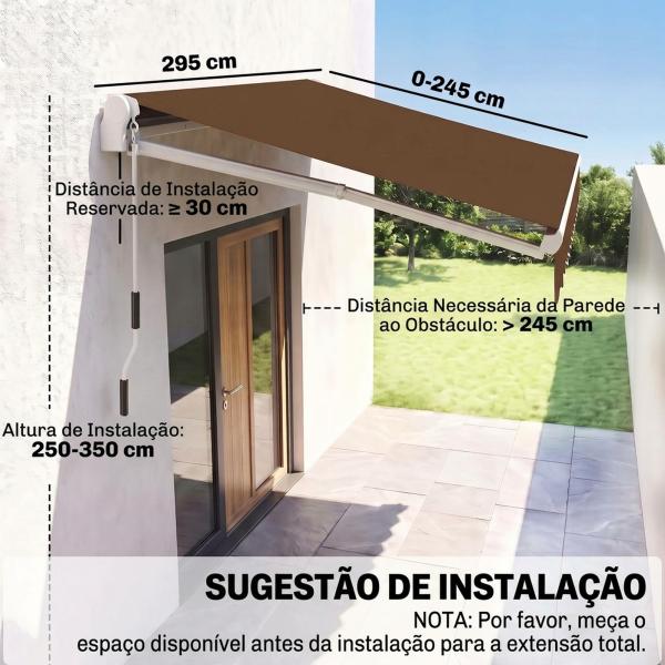 Toldo Manual Retrátil com Manivela 295x245cm Toldo Enrolável para Janela Portas Balcão Terraço Exterior Café