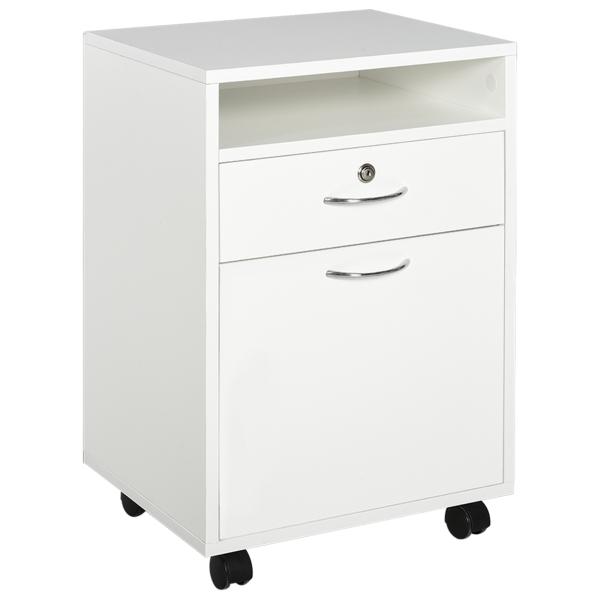 Bloco de Gavetas de Escritório com 4 Rodas Fechadura Prateleira Aberta e Armário 40x35x60 cm Branco