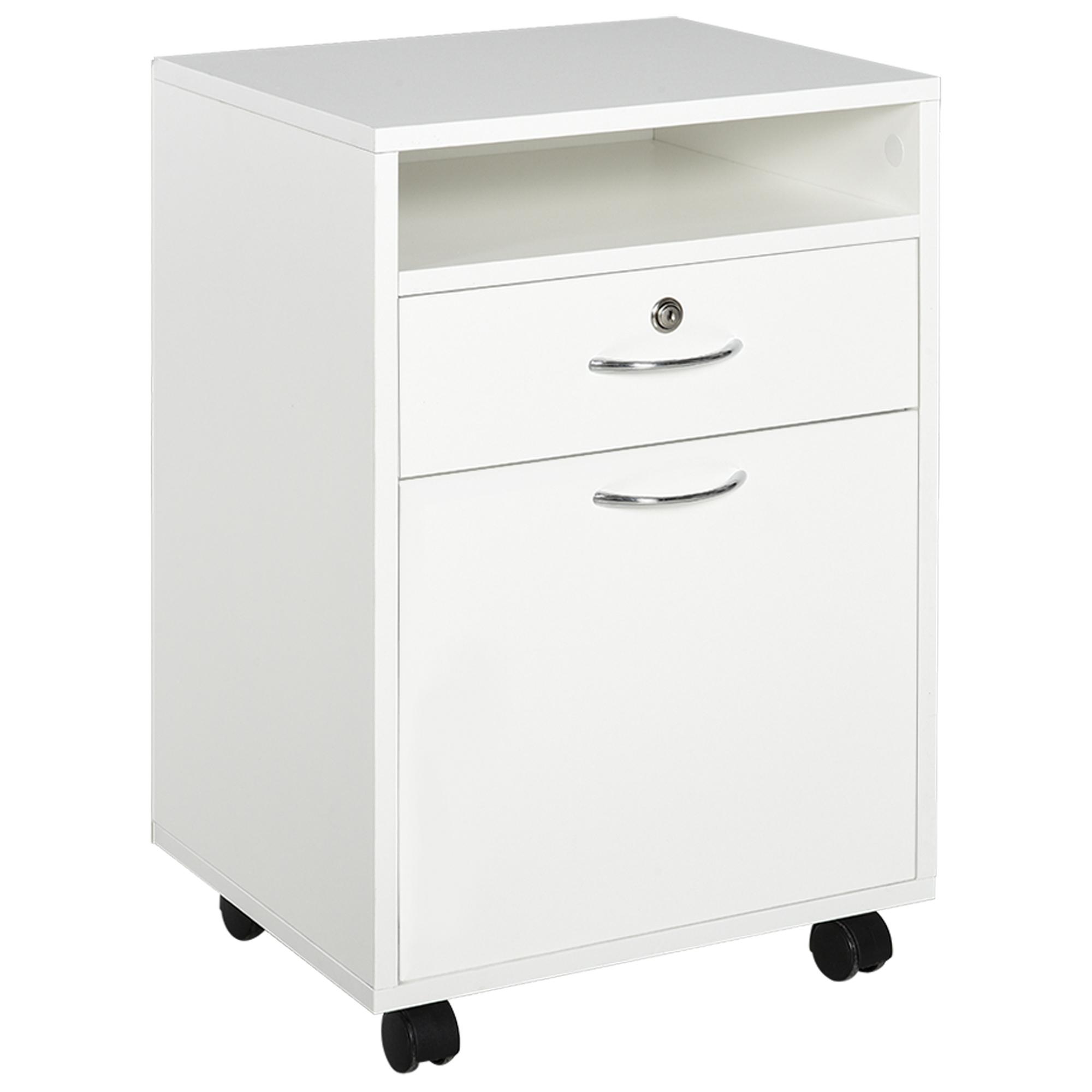 Bloco de Gavetas de Escritório com 4 Rodas Fechadura Prateleira Aberta e Armário 40x35x60 cm Branco