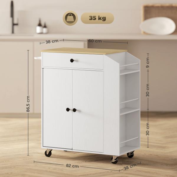 Ilha de Cozinha com Rodas com Gaveta Suporte para Temperos de 3 Níveis e Prateleira Ajustável 82x38x86,5 cm Branco