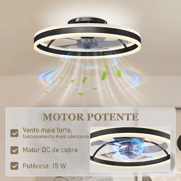 Ventoinha de Teto com Luz LED 6 Velocidades Motor Reversível e Comando Remoto Potência 45W Ø50x13,5 cm Preto