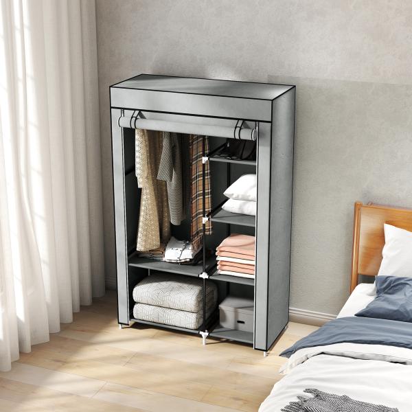 Roupeiro de Tecido Dobrável com 6 Prateleiras e 1 Barra de Pendurar para Dormitório Vestidor 103x43x162,5cm Cinza