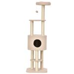 Arranhador para Gatos Altura 148 cm Arranhador para Gatos com Postes de Sisal 3 Plataformas Casa e Bola Suspensa Bege
