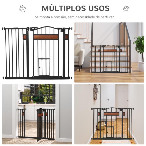 Barreira de Segurança para Cães Extensível para Portas Escadas 74 - 105cm com 2 Extensões de 10 e 15cm com 2 Portas e Fechadura Automática Aço Preto