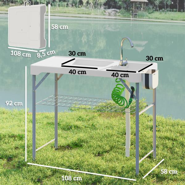 Mesa para Campismo Dobrável Mesa com 2 Lavatórios Mangueira de Drenagem Estação de Limpeza 108x58x92 cm Branco