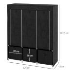 Roupeiro de Tecido com 2 Varões 5 Prateleiras 3 Gavetas Fecho de Correr Estrutura de Aço 125x43x162,5 cm Preto