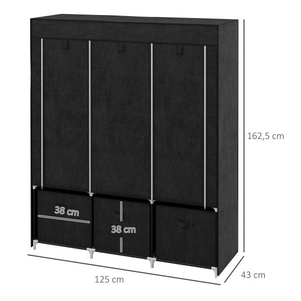 Roupeiro de Tecido com 2 Varões 5 Prateleiras 3 Gavetas Fecho de Correr Estrutura de Aço 125x43x162,5 cm Preto