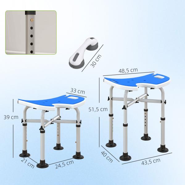 Banco de Duche para Idosos Antiderrapante com Barra de Apoio Altura Regulável e Assento em Forma de U 48,5x33x39 - 51,5 cm Azul