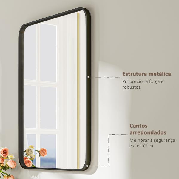 Espelho Casa de Banho 60x80 cm Espelho de Parede com Estrutura de Metal Vertical e Horizontal para Entrada Preto