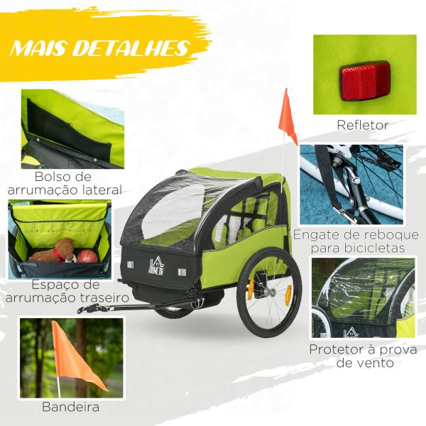 Reboque de Bicicleta para Crianças de 2 Lugares com Cinto de Segurança e Sistema de Amortecimento 140x88x90 cm Verde