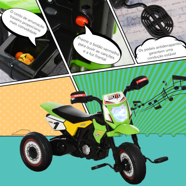 Mota para Crianças acima de 18 Meses Mota a Pedais para Crianças com 3 Rodas Luzes e Sons Realistas 71x40x51 cm Verde
