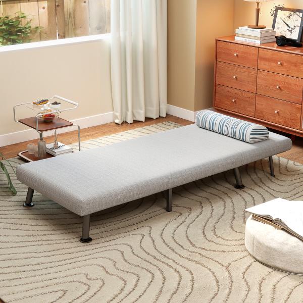 Sofá - Cama Individual Dobrável com Encosto Ajustável 5 Posições, Almofada e Revestimento em Linho Sintético, 75x70x75 cm, Cinzento