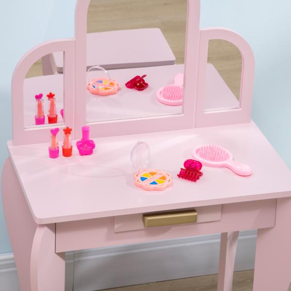 Toucador para Crianças com Espelho e Banco Toucador de Maquilhagem para Crianças de 3 a 6 Anos 52x32x85 cm Rosa