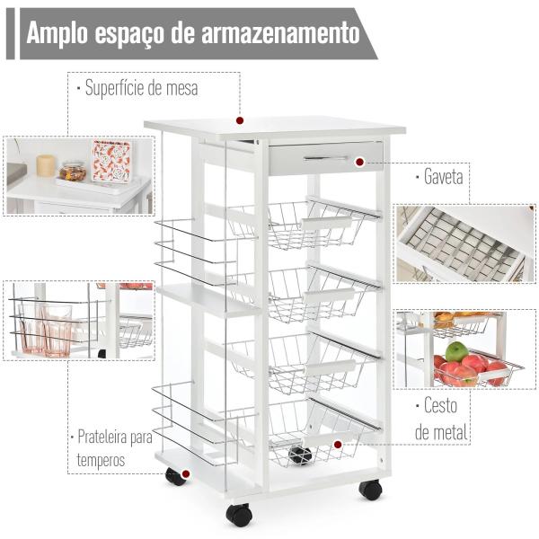 Carrinho de cozinha de 5 níveis com gaveta Cestas Rodas 47x37x83 Branco