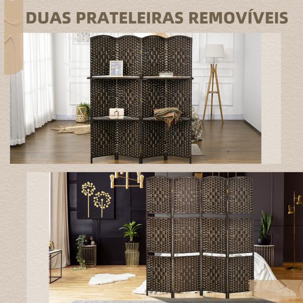 Biombo Separador de Ambientes 4 Painéis 160x170 cm com 2 Prateleiras Dobrável de Fibra de Papel Castanho