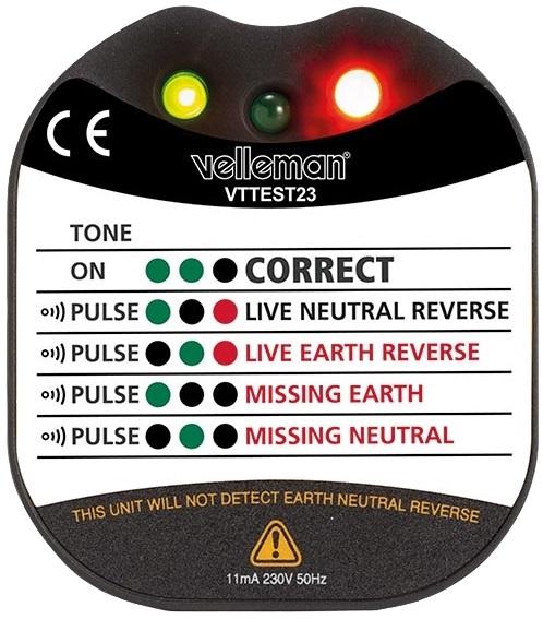 Testador de Tomadas e Tensão da Terra LED CAT II 230V - VELLEMAN