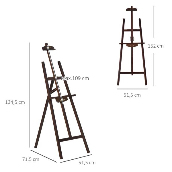 Cavalete para Pintura de Madeira Inclinável 90° com Suporte Tripé e Pincel 51,5x71,5x134,5cm Marrom