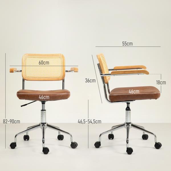 Cadeira de Escritório Giratória com Altura Ajustável Função Basculante e Encosto de Vime Sintético 60x55,5x82 - 90 cm Marrom