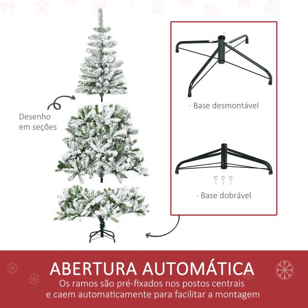 Árvore de Natal Artificial 180cm com Neve Ignífugo com 750 Ramos Folhas de PVC Base Dobrável Verde