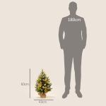 Árvore de Natal de Mesa 60 cm com 20 Luzes LED 141 Ramos 5 Pinhas 5 Bagas Vermelhas e Suporte de Metal para Interior Verde