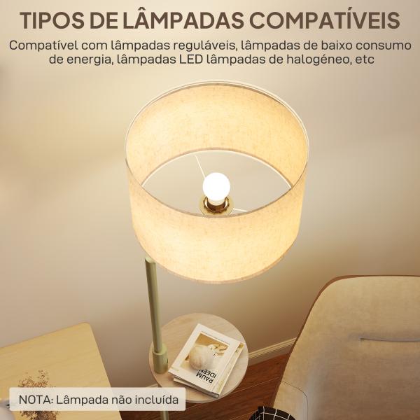 Candeeiro de Pé com Mesa Auxiliar Lâmpada E27 Máx. 40W Ecrã de Linho Interruptor de Corrente e Carregador USB Ø40x170 cm Dourado