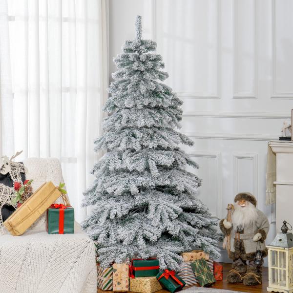 Árvore de Natal Ø116x180 cm Neve Artificial com 627 Pontas de PVC Base Dobrável e Suporte de Metal Decoração de Natal Verde e Branco