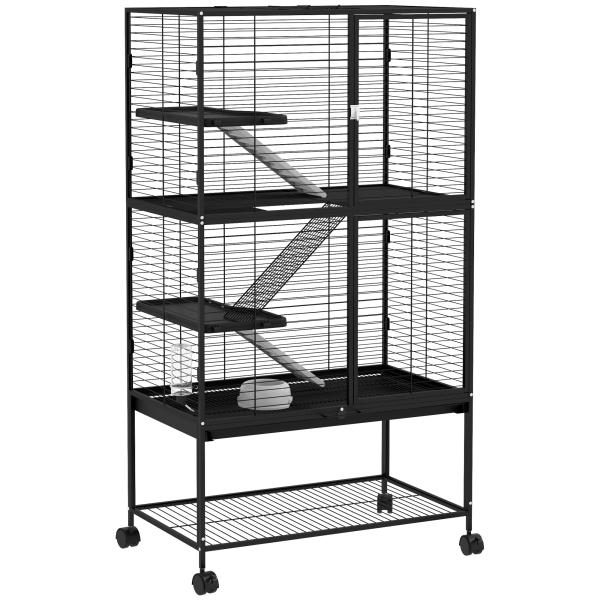 Gaiola para Animais Pequenos de 4 Níveis com Rodas Rampa Comedouro Bebedouro e Bandeja Removível 78x45,5x136 cm Preto