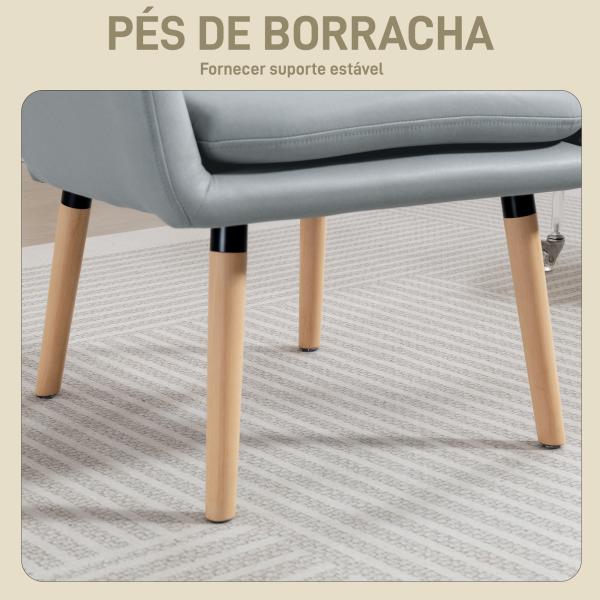 Poltrona de Sala de Estar Moderna Acolchoada de Dupla Camada Estofada em Couro Sintético Pés de Madeira 68x74x89 cm Cinza