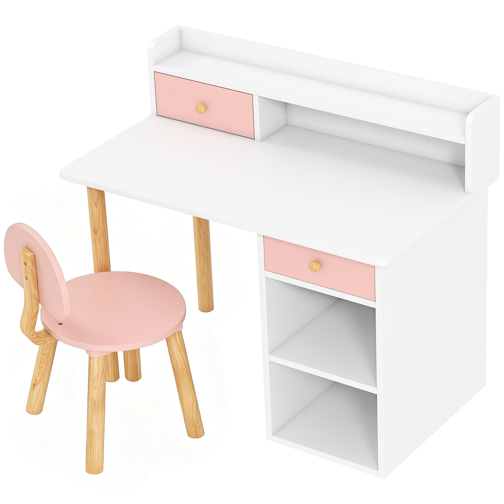 Conjunto de Secretária e Cadeira para Crianças Mesa de Estudo com Prateleiras e Gaveta Carga 80 kg 85x48x73 cm Rosa