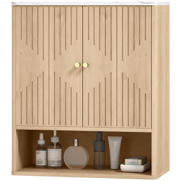 Armário de Parede para Casa de Banho com Portas em Ampulheta, Prateleira Ajustável e Aberta, 60x18x70 cm, Carvalho