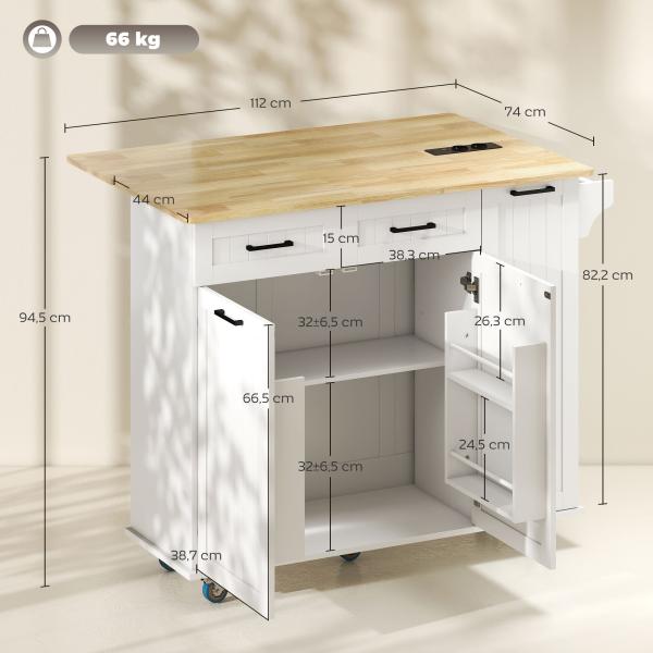 Ilha de Cozinha com Rodas Carrinho de Cozinha com Tomada USB Bancada Rebatível 2 Gavetas 119,5x74x94,5 cm Branco