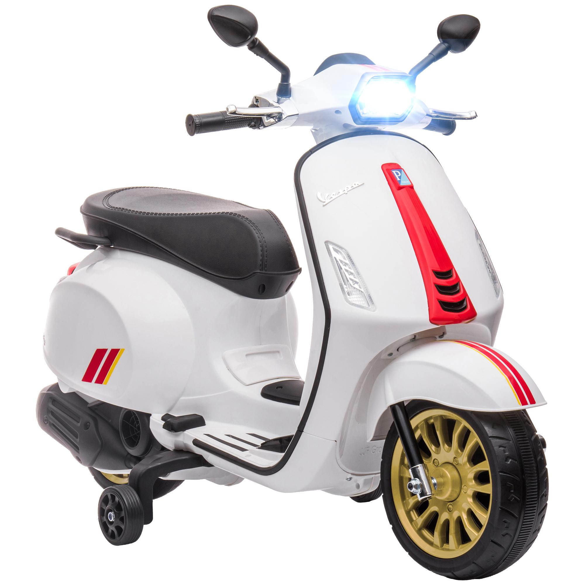 Moto Elétrica para Crianças de 3 - 6 Anos com Licença Vespa com USB MP3 Luz LED Rádio FM Velocidade 3 km/h Carga 35 kg Branco