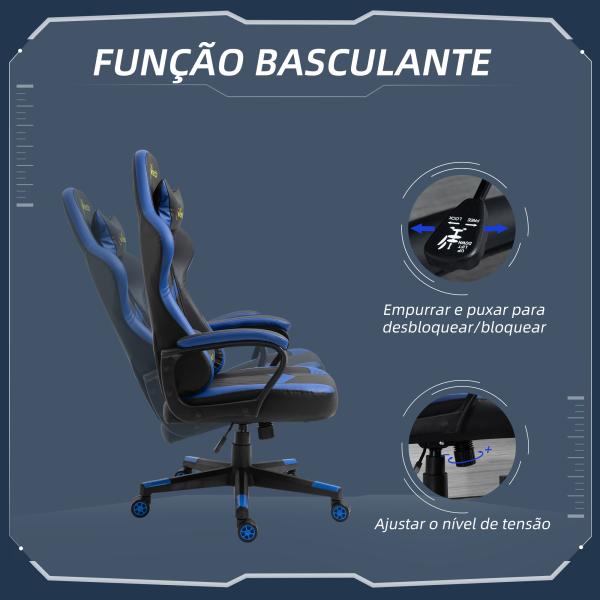 Cadeira Gaming Cadeira de Escritório Ergonómica com Altura Regulável Basculante Apoio de Cabeça 61x70x121 - 129 cm Azul