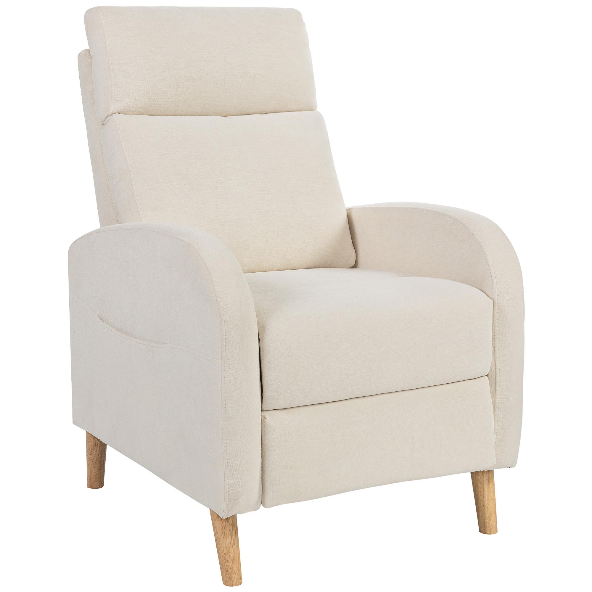 Poltrona Relax Reclinável Manual Estofada em Linho Sintético com Apoio para os Pés e Bolso Lateral 68x90x106 cm Creme