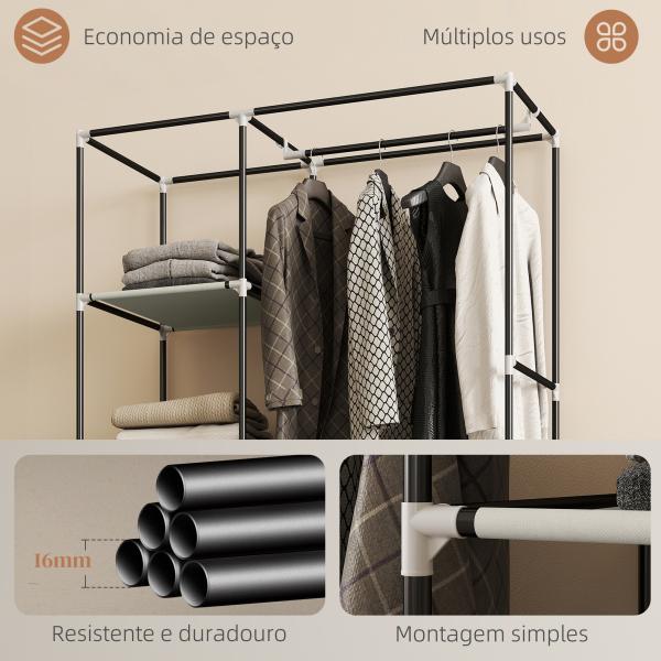 Roupeiro de Tecido Dobrável com 6 Prateleiras 1 Barra de Pendurar e Rodas para Dormitório Vestidor 103x43x162,5 cm Creme