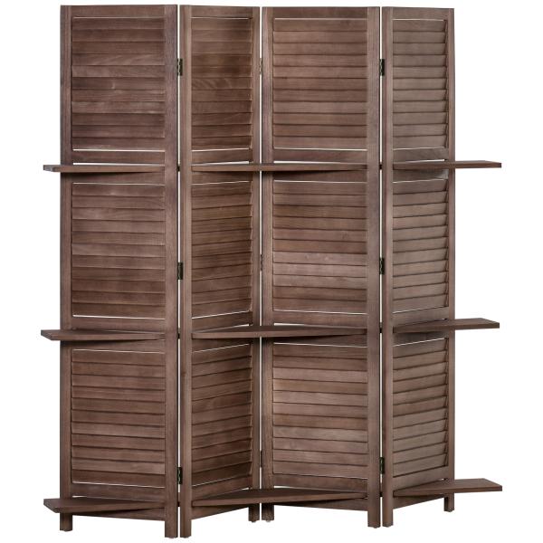Biombo Dobrável de 4 Painéis de Madeira 162x170 cm Divisória de Ambiente com 3 Prateleiras Nogueira