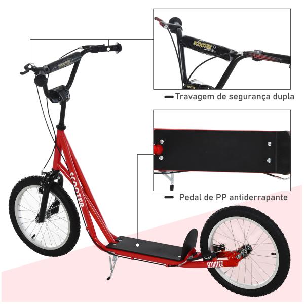 Trotinete com Guiador Ajustável 2 Pneus de Borracha Insufláveis com Travagem Dupla e Rodas 16" 139x58x90 - 96 cm Vermelho