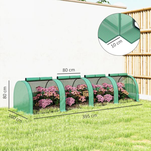 Estufa Pequena para Jardim, Cultivo de Plantas, com 4 Janelas Enroláveis, 400x100x80 cm, Verde