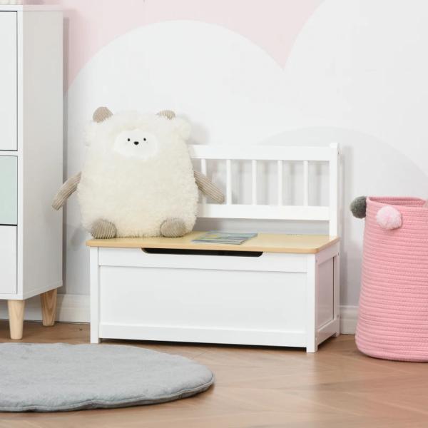 Organizador de Brinquedos para crianças acima de 2 anos Banco de Armazenamento Infantil de Madeira de Pinho com Tampa de Amortecimento e Encosto Alto para Sala de Jogos quarto 60x30x50cm Banco