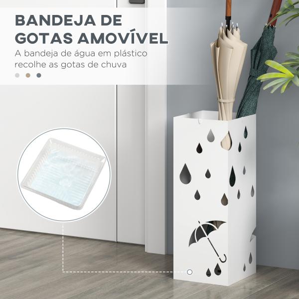 Suporte para Guarda - Chuvas com 4 Ganchos e Bandeja de Gotejamento Amovível Porta Guarda - Chuvas 15,5x15,5x41 cm Branco