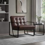 Cadeirão Chesterfield para Sala ou Escritório, Assento e Encosto Capitoné, Estrutura em Metal Preto, Pele Sintética Chocolate